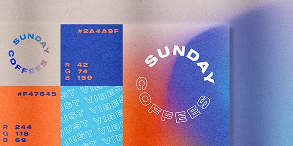 Colorful brand identity design featuring the text "SUNDAY COFFEES" and various color codes.
