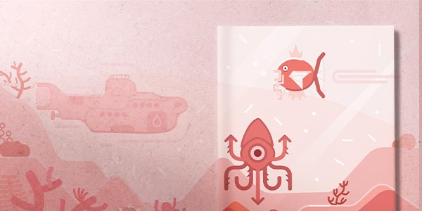 A playful underwater scene features a submarine, fish, and an octopus against a pink background.
