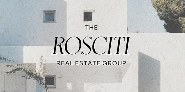 Text logo for Rosciti Real Estate Group over a minimalist architectural background.
