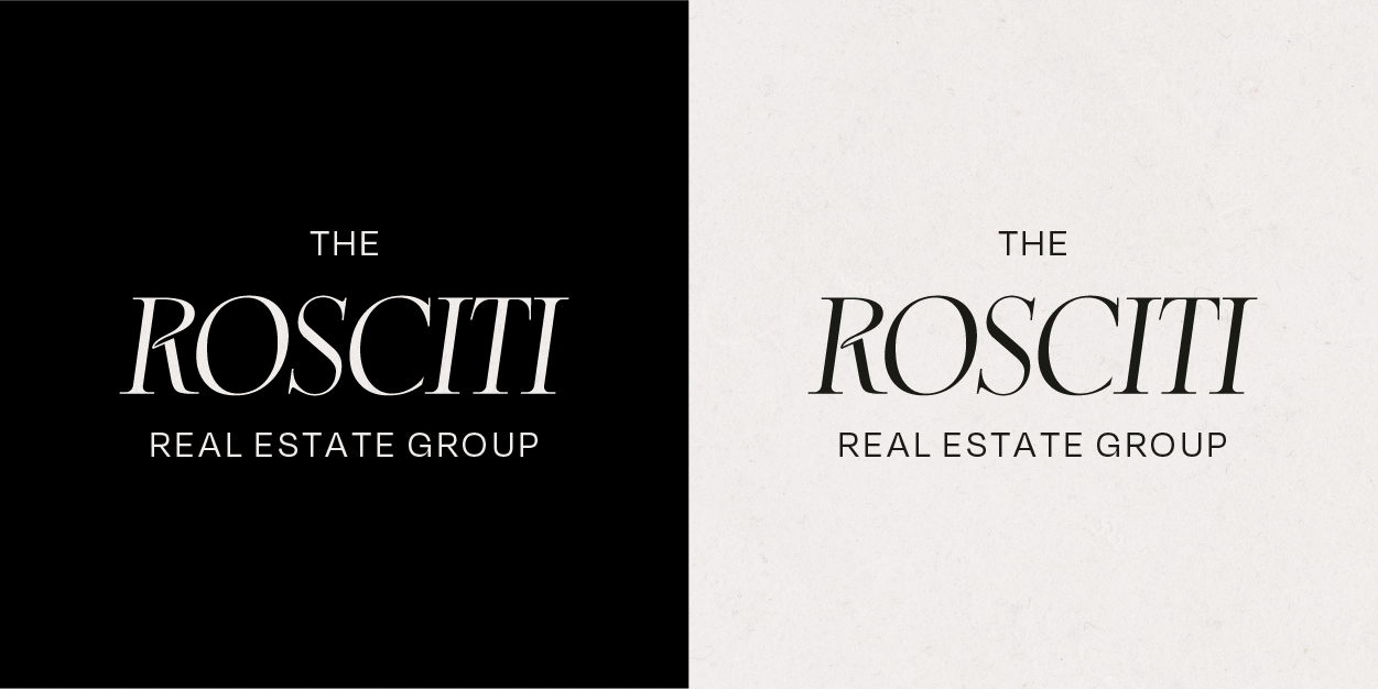 Black and white logo for The Rosciti Real Estate Group, featuring elegant typography.