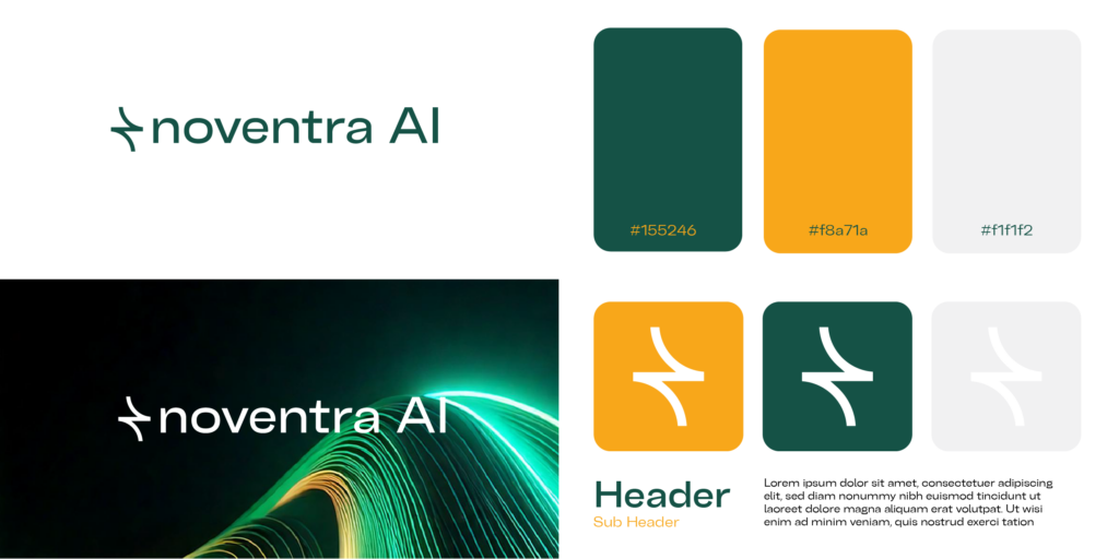 Brand identity design featuring "noventra AI" logo, color palette, and typography elements.