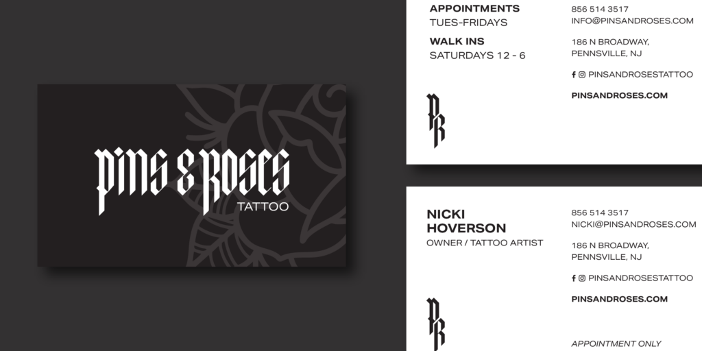 Business cards for "Pins & Roses Tattoo," featuring contact details and appointment information for Nicki Hoverson.