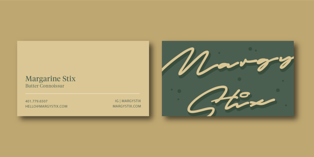 Business cards feature "Margarine Stix" and "Margy Stix" with contact details and a decorative design.