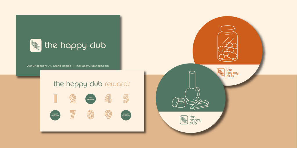 Branding materials for "the happy club," featuring rewards card, logo, and illustrations of a jar and smoking device.