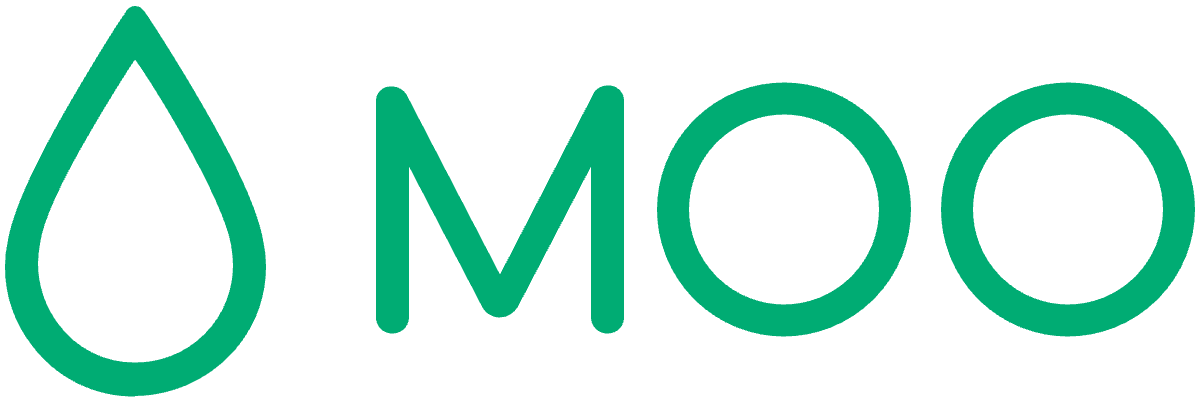 Green logo featuring a drop shape and the word "MOO.