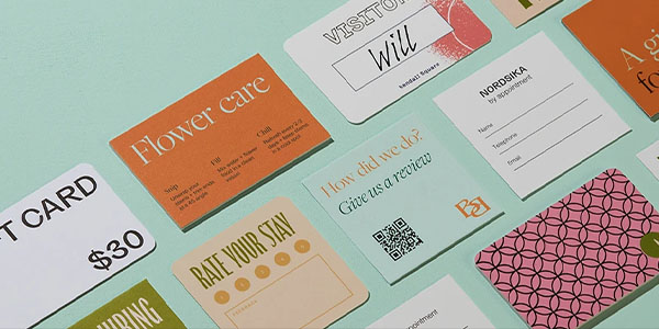 Various business cards displayed on a light blue background, featuring different designs and information.