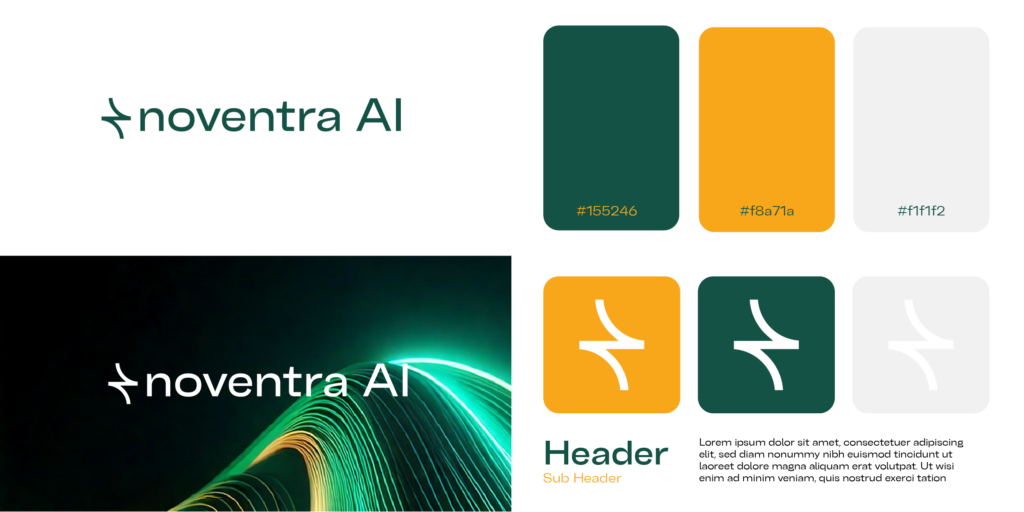 Brand identity design featuring "noventra AI" logo, color palette, and typography elements.