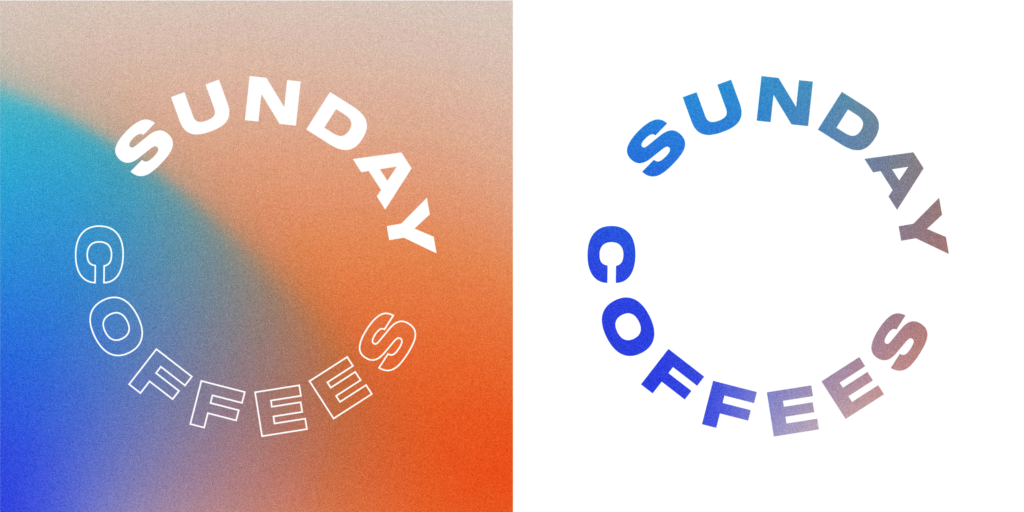 Two circular logos display the text "SUNDAY COFFEES" in contrasting colors and styles against gradient backgrounds.