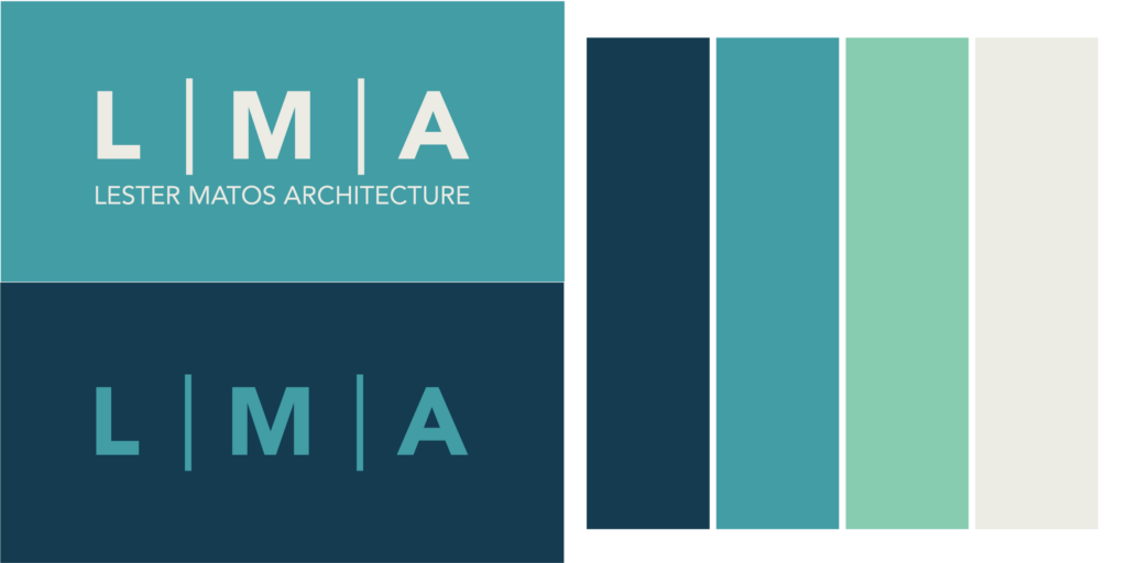Logo for Lester Matos Architecture with color palette featuring teal, dark blue, and light shades.